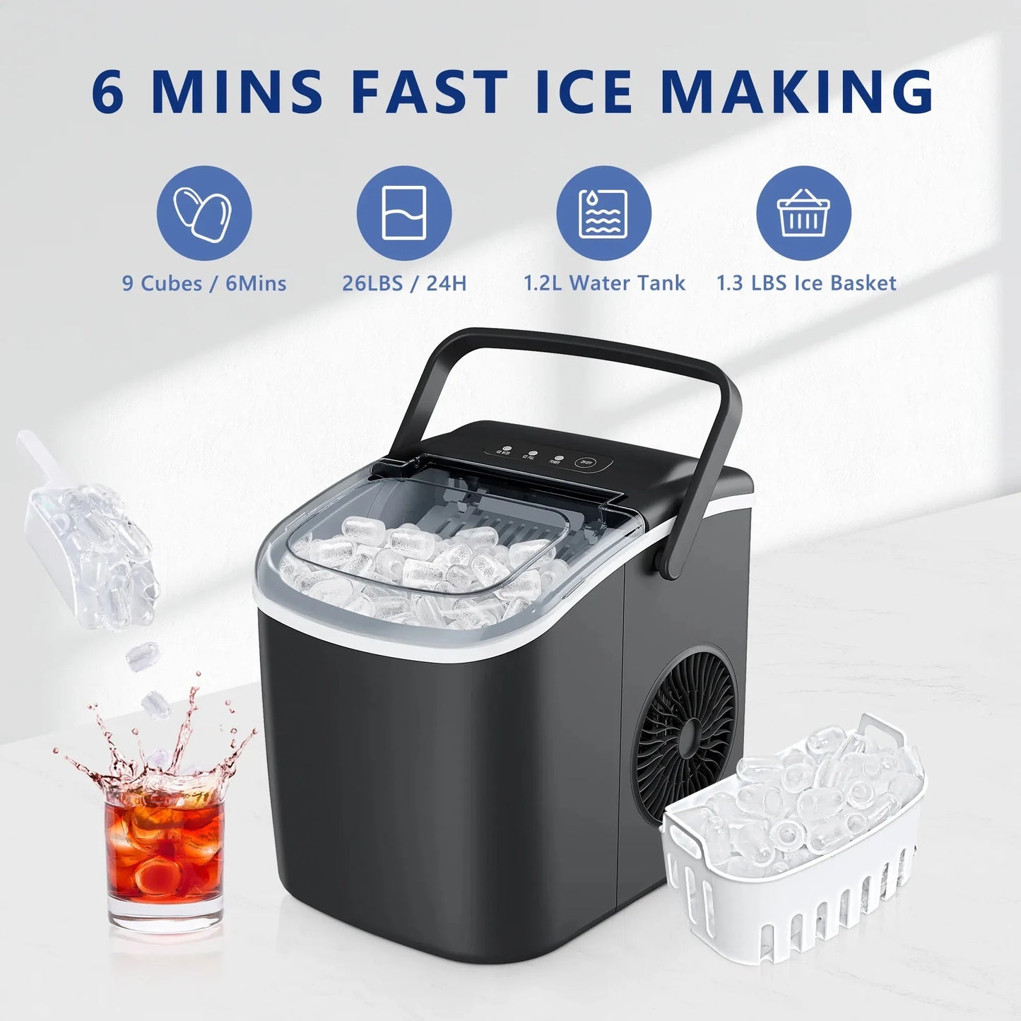 SIMZLIFE 25 lbs/24H Countertop Ice Maker Machine, 9 Bullet-Shaped Ice in 6 Min, Auto-Cleaning